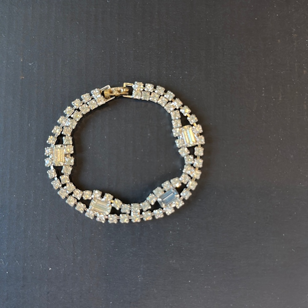 Vintage 2 Strand Rhinestone Bracelet with Emerald Cut Accents